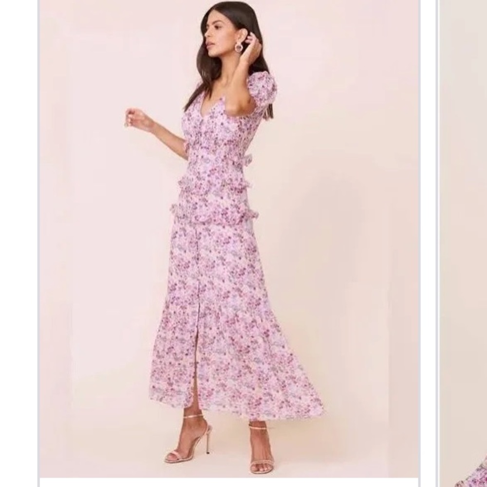 NWT ASTR Pink and Purple Maxi Dress with Puff Sleeves and V-Neck